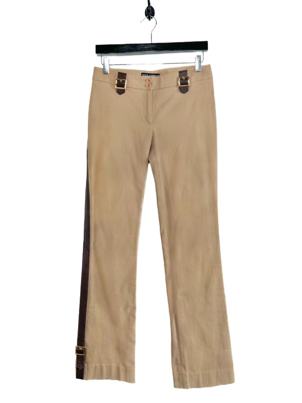Dolce & Gabbana Beige Twill Trouser with Brown Leather Trims